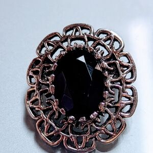 Black Glass and Silver Tone Intricate Brooch with Filigree Design